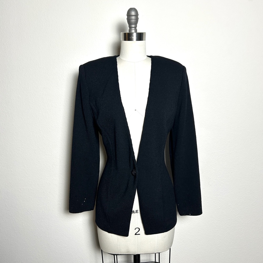 St. John Black Wool Rhinestone Plunging Neckline Knit Blazer Jacket Size 8 Vtg
